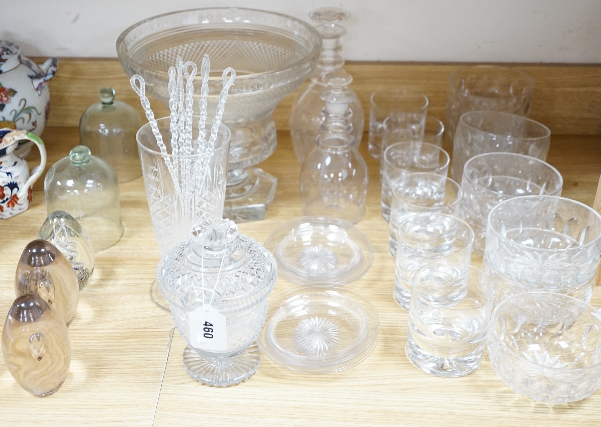 A collection of glassware to include a set of six tumblers, a large centrepiece and two decanters, largest 25cm high. Condition - poor to fair